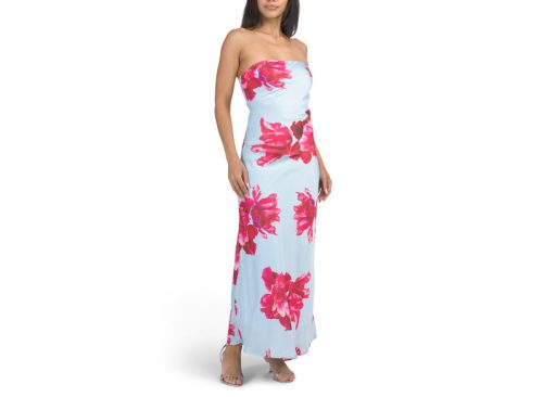 PAPERHEART Strapless Placed Floral Satin Maxi Dress