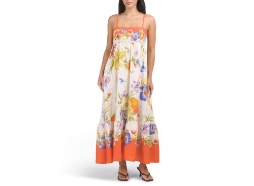 RACHEL ZOE Linen Blend Placed Print Maxi Dress