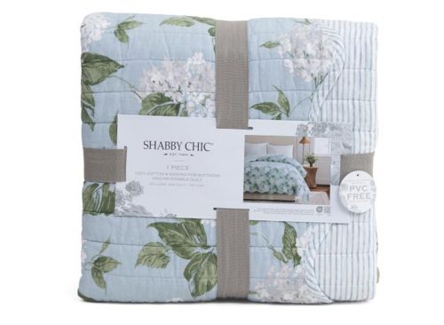 SHABBY CHIC Cotton Reversible Hydrangea Stripe Quilt