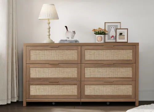 SICOTAS 56.85" 6 Drawer Dresser,Rattan Dresser with Storage,Boho Dressers & Chests of Drawers Wooden Tall Dresser for Bedroom