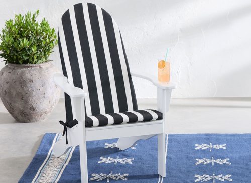 Slatted Wood Adirondack Chair with Striped Cushion Set