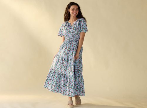 Strawberry Print Tier Blue Dress