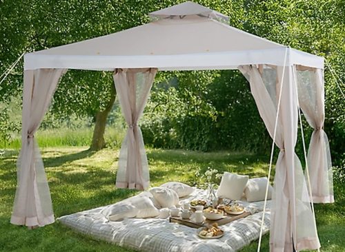 Sunjoy 10 x 10ft. Outdoor Patio Gazebo, Outdoor Backyard Modern 2-Tier Steel Frame Soft Top Gazebo with Mesh Netting