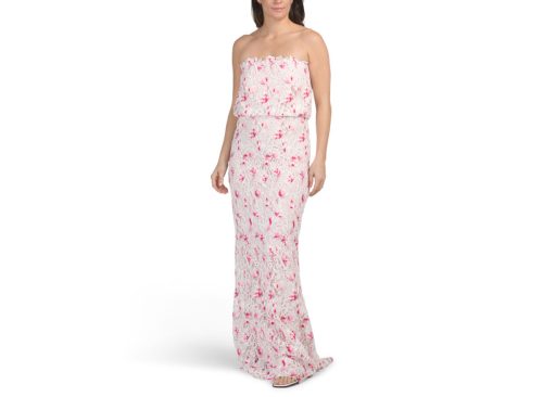 TADASHI SHOJI Strapless Embroidered Flower Lace Gown