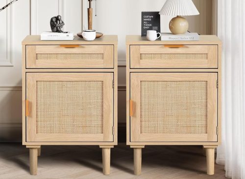 TYBOATLE Set of 2 Rattan Nightstands with Drawer, Boho Bedside Table with Solid Wood Legs, Natural Rattan End Table for Bedroom, Living Room, Oak