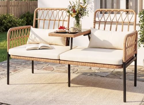 Tappio Outdoor Rattan Loveseat, Patio Rattan Conversation Set Seat Sofa Cushioned Loveseat Table Chairs with Built-in Coffee Table, Beige