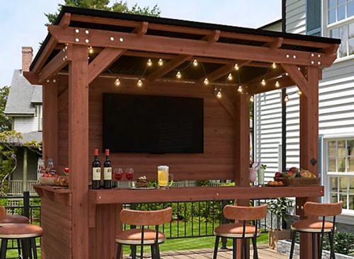 Veikous 8.5 x 6ft. Cedar Outdoor Gazebo Pergola Bar with Double-Sides Metal Sloped Roof and Storage Cabinet