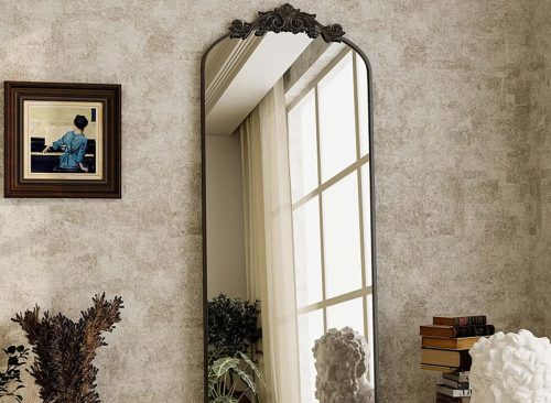 Vintage Arch Full-Length Mirror with Flower Decor, 21"×64" Alloy Frame , HD Reflection-Retro Artistic Design for Living Room & Bedroom