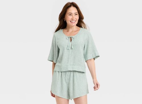 Women's Bell Elbow Sleeve Keyhole Peasant Top - Universal Thread™ Green Striped M