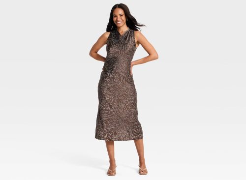 Women's Cowl Neck Slip Midi Dress - A New Day™ Brown Polka Dots S