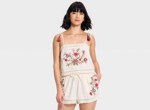 Women's Linen Tank Top - Universal Thread™ Cream Embroidered S