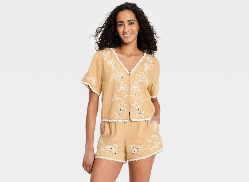Women's Short Sleeve Cutwork V-Neck Blouse - Universal Thread™ Tan M 