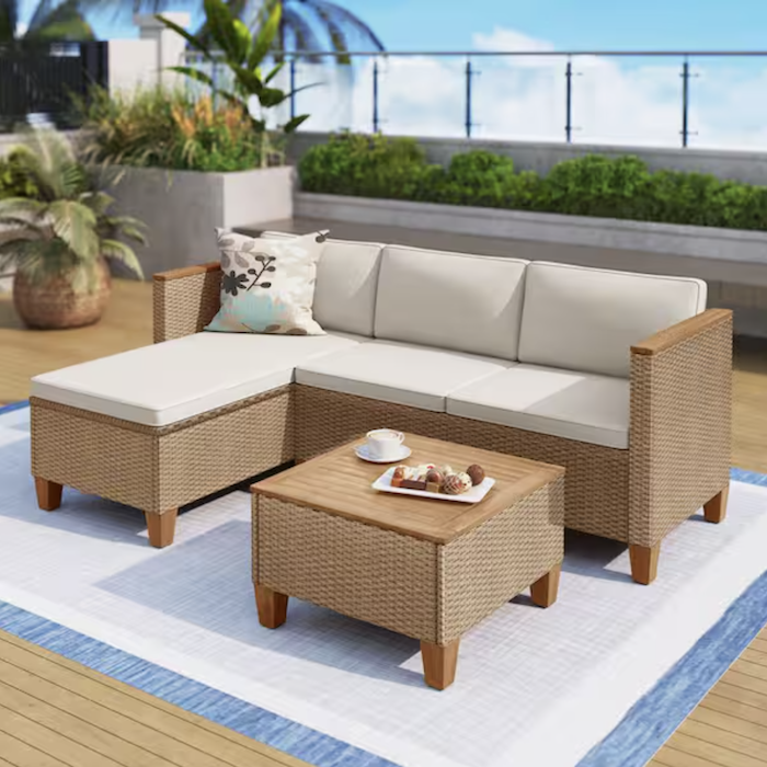 3-Piece Wood Outdoor Wicker Patio Conversation Sectional Set
