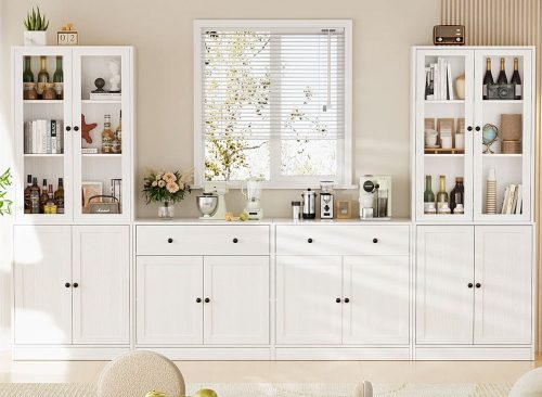 110.3'' Wide Modular Kitchen Pantry Cabinet with Bookcases,Soft Close Glass Doors and Drawers, Large Sideboard Buffet Storage System, White