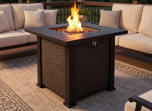 28" Square Propane Gas Fire Pit Table, 50,000 BTU Steel Outdoor Fire Pit for Patio, Deck & Backyard, Black Finish