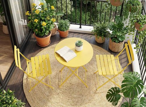 3 Piece Foldable Patio Bistro Set, Metal Round Table and 2 Chairs for Balcony, Porch or Apartment, Yellow