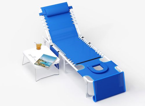 3-in-1 Tanning Chair with Face Hole & Folding Table, Outdoor Beach Lounger with 5 Reclining Positions, Removable Pillow for Pool, Patio, Garden,Blue