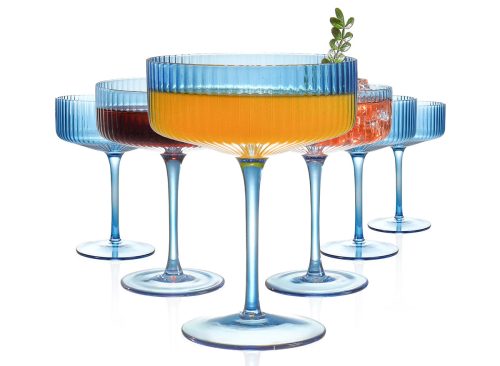 6 Pcs Ribbed Coupe Glasses, 10 oz Blue Martini Glasses Set, Cute Espresso Martini Glass & Champagne Coupe Glass, Elegant Bar Glassware for Cocktails, Wine, Outdoor Entertaining & Gifts