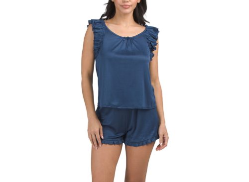 89TH & MADISON 2pc Ribbed Pointelle Ruffle Tank Top And Shorts Pajama Set