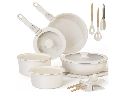 Astercook 20 Piece Pots and Pans Set Non Stick, Cookware Set with Detachable Handle, Oven Safe, Induction Ready, Stackable RV Kitchen Cooking Set Removable Handles, Cream White