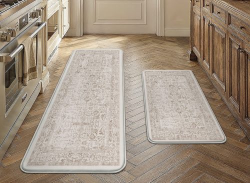 BERTHMEER Kitchen Rugs for Floor 2 Piece, 17.3"x30"+17.3"x47" Anti Fatigue Waterproof Light Brown Kitchen Mats, Non Slip Comfort Standing Mat Rug for Home, Sink, Laundry, Light Brown