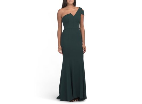 BETSY & ADAM Long Scuba One Shoulder Gown