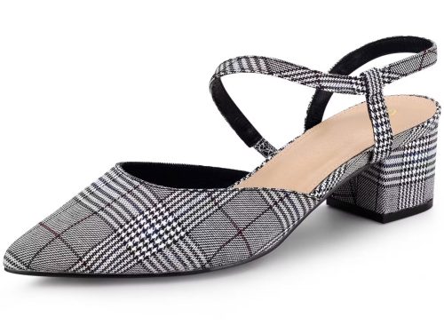 BLISSFUL STEP Slip on Pointed Toe Slingback Chunky Heels Mules for Women Black White 7