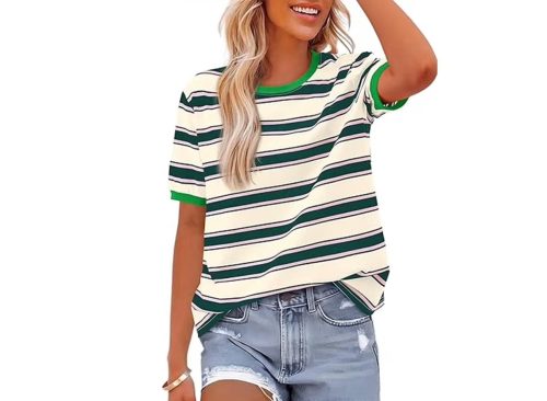 BTFBM Summer Tops for Women Crewneck Short Sleeve Striped T Shirts Casual Spring Clothes Color Block Basic Tee Blouses