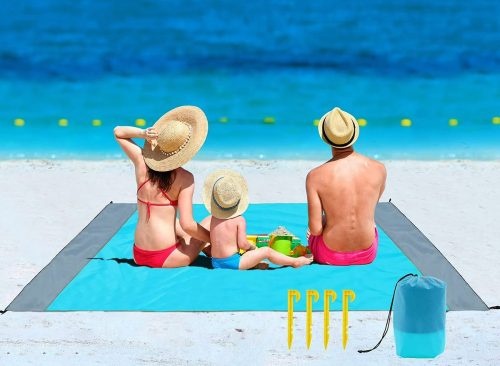 Beach Blanket, SandProof Beach Mat Large 4-7 Persons, Waterproof Picnic Mat Quick Drying Camping Blanket Made by Polyester with 4 Stakes for Outdoor Travel with Storage Bag (83" X 78")