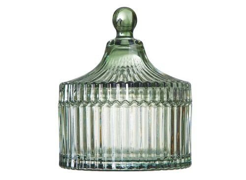Beautiful Contemporary Sage Green Ribbed Glass Lidded Decorative Jar by Drew Barrymore, 4.02" L x 4.84" H