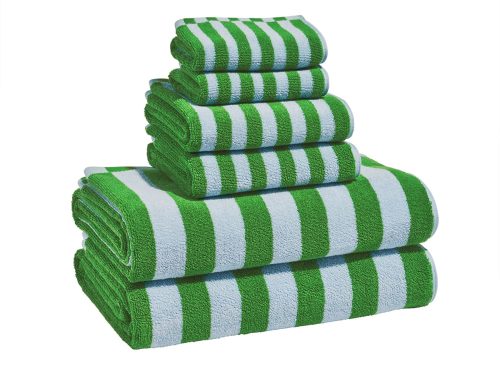 Beautiful by Drew Barrymore 6-Piece Stripe Hem Bath Towel Set, Soft 100% Cotton, Green