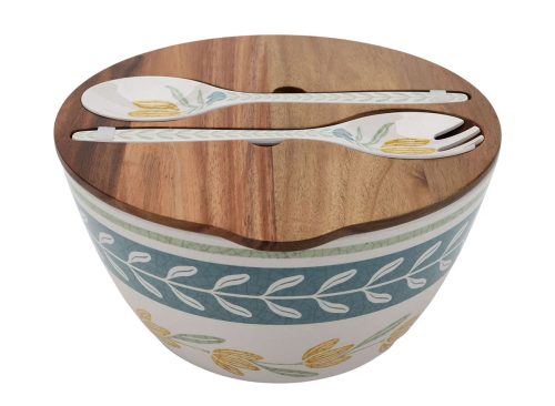 Better Homes and Gardens Bamboo Melamine Salad Bowl Set With Acacia Lid & Utensils, Floral Pattern