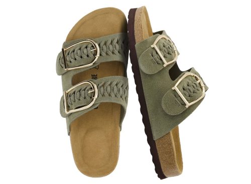 CUSHIONAIRE Cashew Slip On Genuine Suede Leather Womens Sandals - Braided Double-Strap Design with Big Buckle for Women 2026, Olive 8W