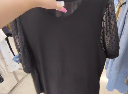 CeCe Top with Sheer Swiss Dot Bell-Shaped Sleeves in Black