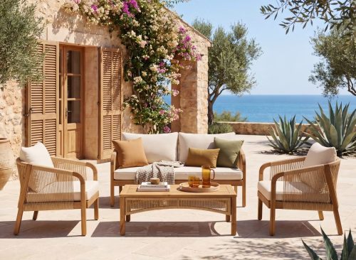 Christopher Knight Home Allerton Outdoor Acacia Wood and Rattan 4-Seater Chat Set with Cushions, Teak/Beige