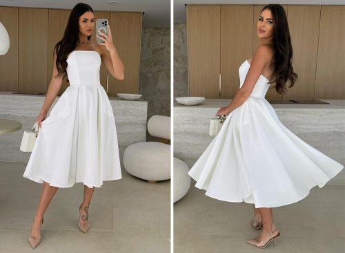 Coolmee Women's Summer Solid Color Strapless Midi Dress Elegant Formal Party Dress White M