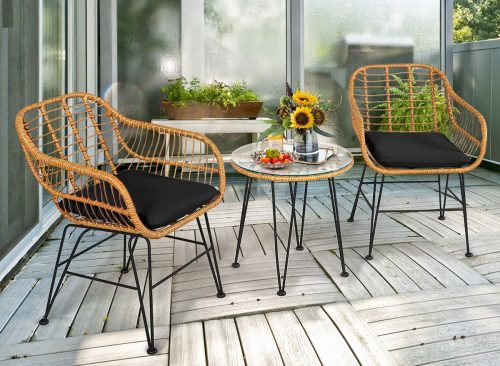 Costway 3PCS Patio Rattan Bistro Furniture Set Cushioned Chair Table Black