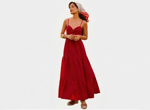 Cupshe Women's Sweetheart Neckline Tiered Maxi Dress with Spaghetti Straps-M-Red