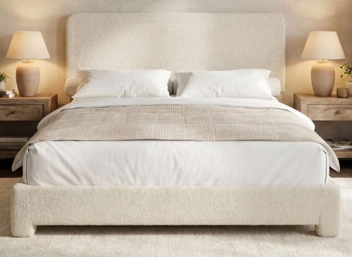 Dyonery Boucle Bed Frame Full Size,Modern Cream Bed Frame with Adjustable Headboard, Soft Rounded Corners,No Box Spring Required,Easy Assembly