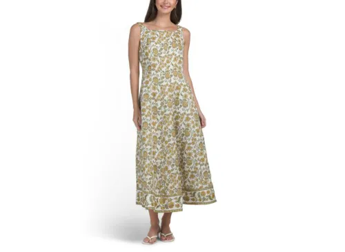 ELIE TAHARI Linen Blend Sleeveless Wide Neck Seamed Flared Midi Dress