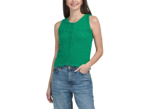 ELIE TAHARI Sleeveless Scoop Neck Button Down Crochet Vest