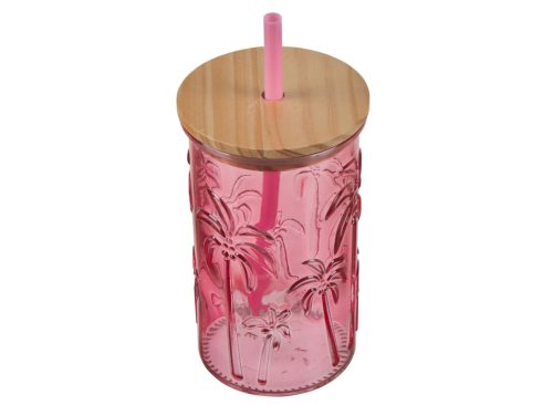 Embossed Palm Tree Glass Tumbler with Lid and Straw, 2 Assorted Colors