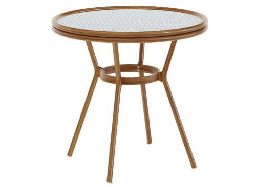 Emma + Oliver Indoor/Outdoor Bistro Style 31.5 in. Table with White & Navy PE Rattan, Glass Top, and Natural Bamboo Finished Metal Frame