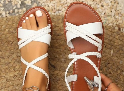 FRSASU Women's Dressy Ankle Strap Sandals Open Toe Bridal Slides Flats Casual Breathable Summer Footwear Sandals White