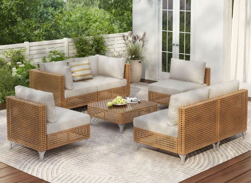 GDFStudio 7 Piece Wicker Patio Furniture Set, Sectional Sofa with Water Resistant Cushions, Beige