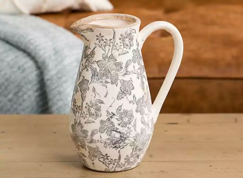 Gray Ceramic Vintage Floral Pitcher Vase