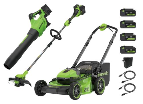 Greenworks 2x24V Mower, Trimmer, Blower Combo Kit with (4) 4ah Batteries