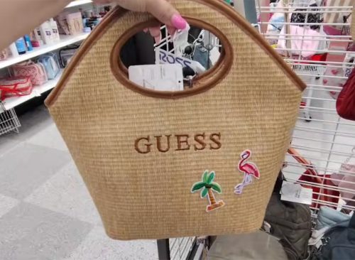 Guess Natural Fiber Purse with Flamingo and Palm Tree Detail