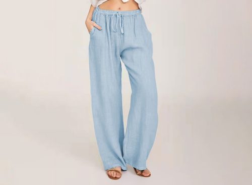 HERESOM Women Plus Size Cotton Linen Wide Leg Pants Casual Loose Fit Elastic High Waist Drawstring Palazzo Pants Trousers Womens Clothes S-4XL