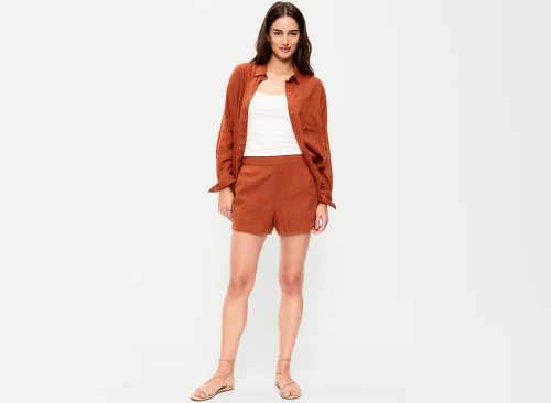 High-Waisted Beach Linen Pull-On Shorts